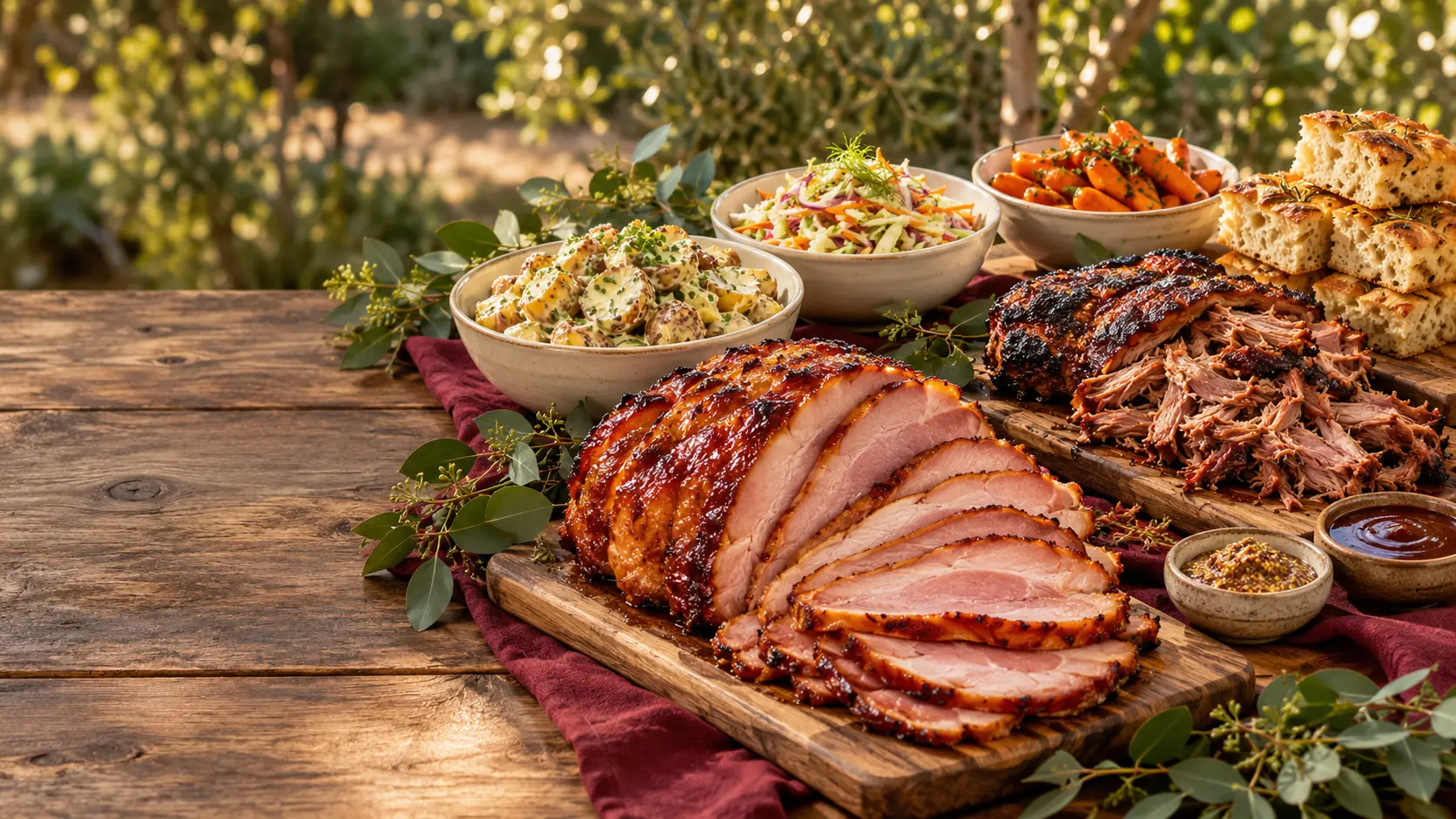 Christmas smoked ham and pork shoulder with summer salads and cider glazed carrots, illustrative serving suggestion