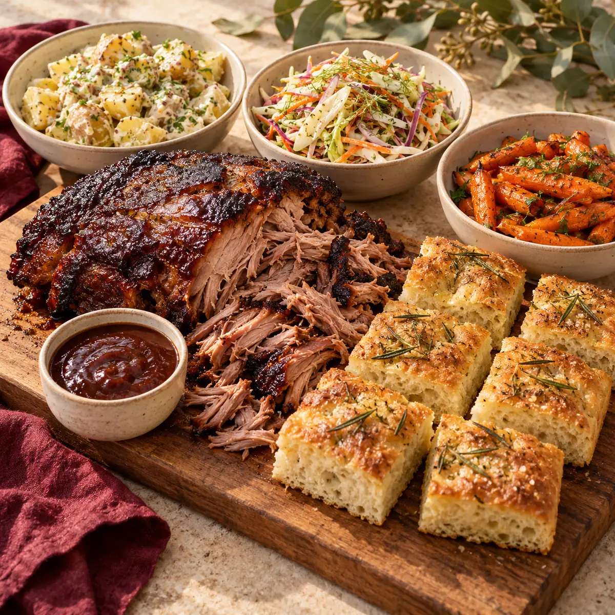 XMAS Pork Shoulder Pack with summer sides, illustrative serving suggestion